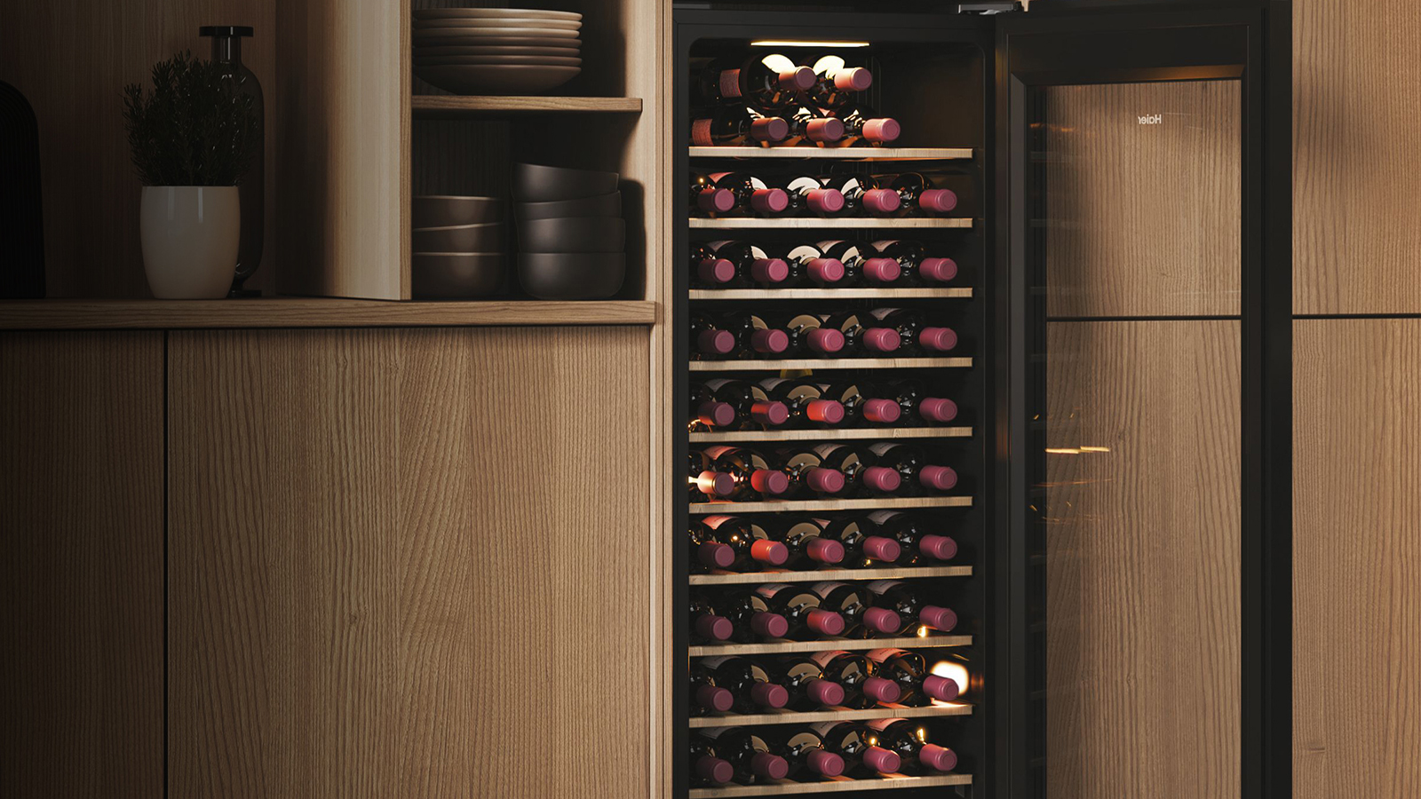 Wine fridge with wooden shelves sale